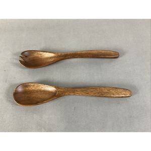 Crate & Barrel Mid Tone Wood Serving Salad Set Fork Spoon